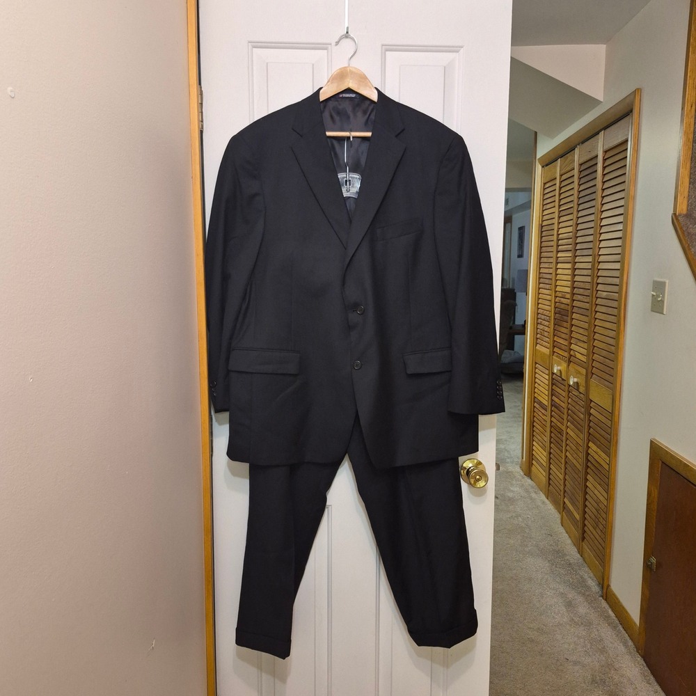 Hart Schaffner Marx Mens 48R Suit Black Two Button Pleated Cuffed USA Made 42x25